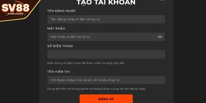 Điền thông tin theo hướng dẫn đăng ký SV88